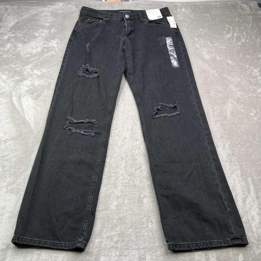 Aeropostale Low Rise Baggy Jeans Women 6R Black Distressed Ripped Denim Wide Leg